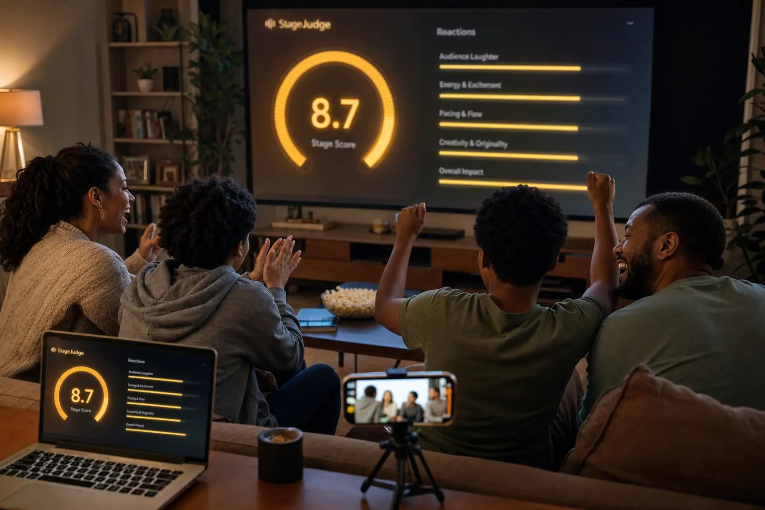 Family reacting live while a FunJudge score gauge glows on their TV