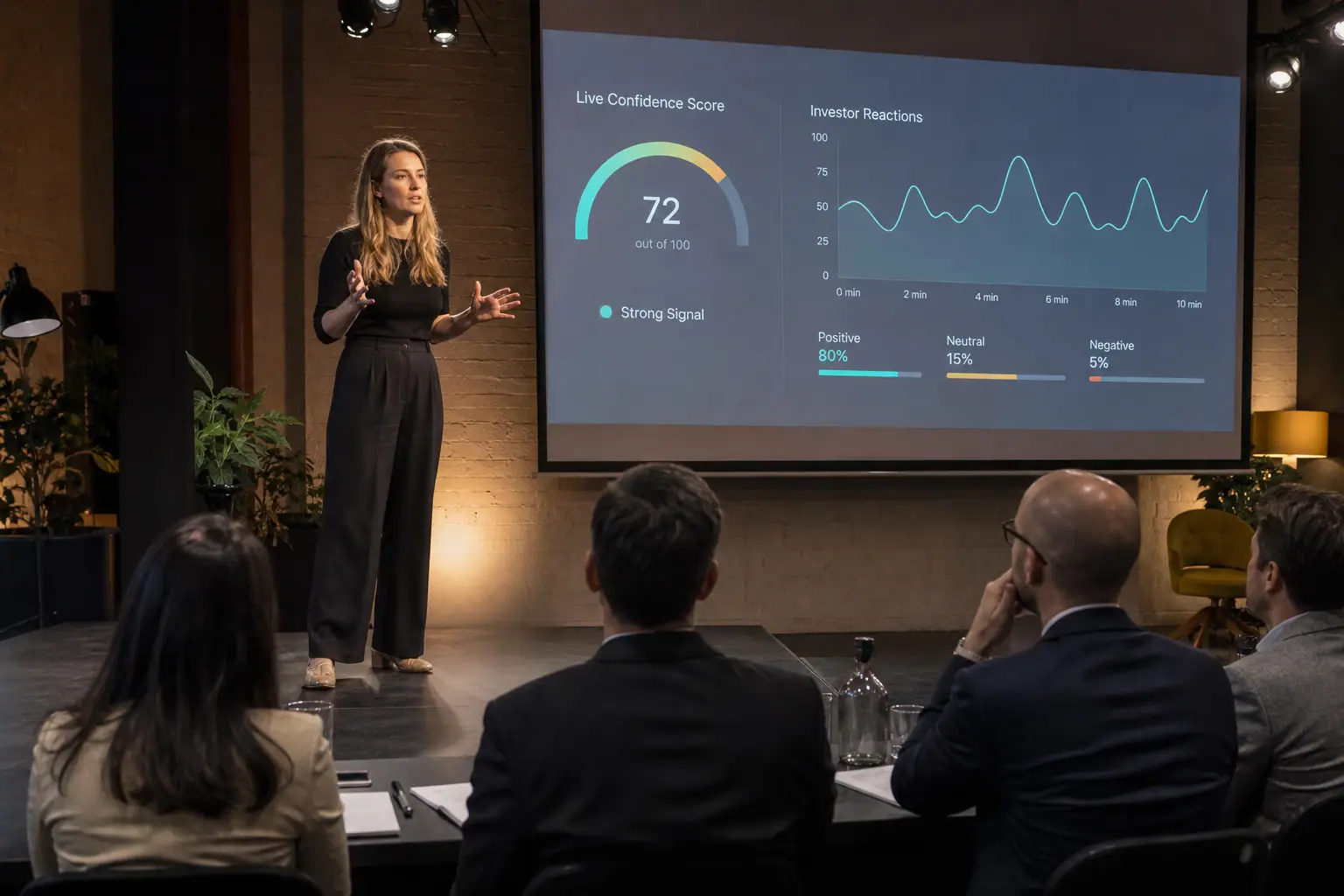 Founder pitching on stage with a live confidence score on the projector behind her